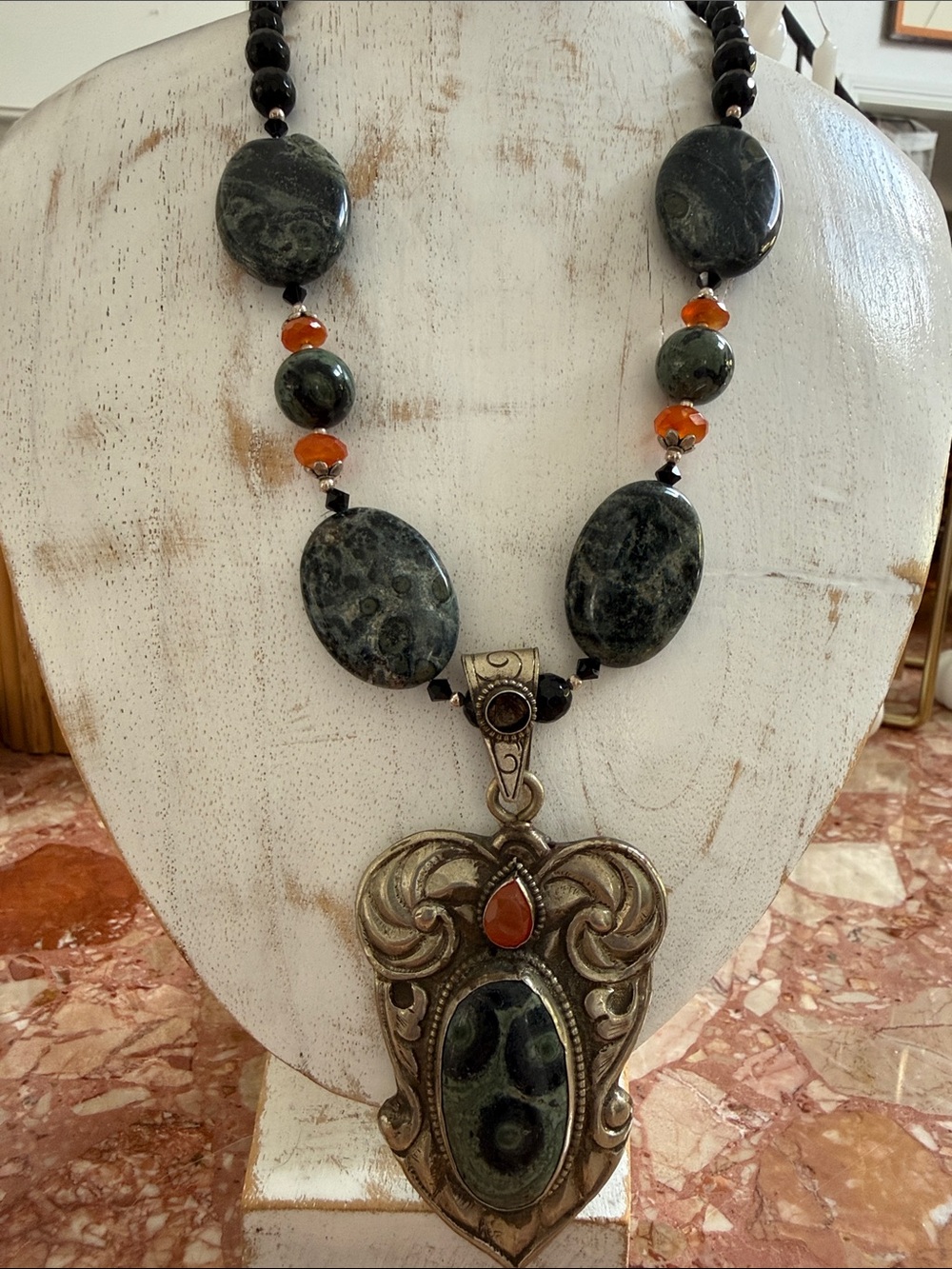 Statement Green and Orange Stone Pendant Necklace